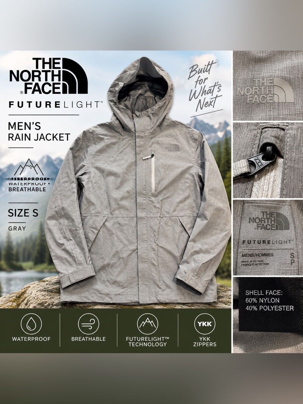 The North Face Men's Light Gray FUTURELIGHT Hooded Rain Jacket